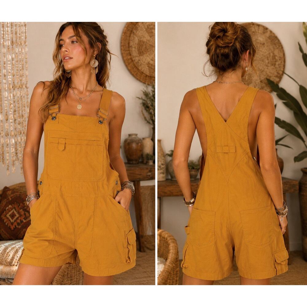 Duluth Trading Co Women S Shortall Mustard Yellow Utility Short Overalls Romper - Picture 2 of 6